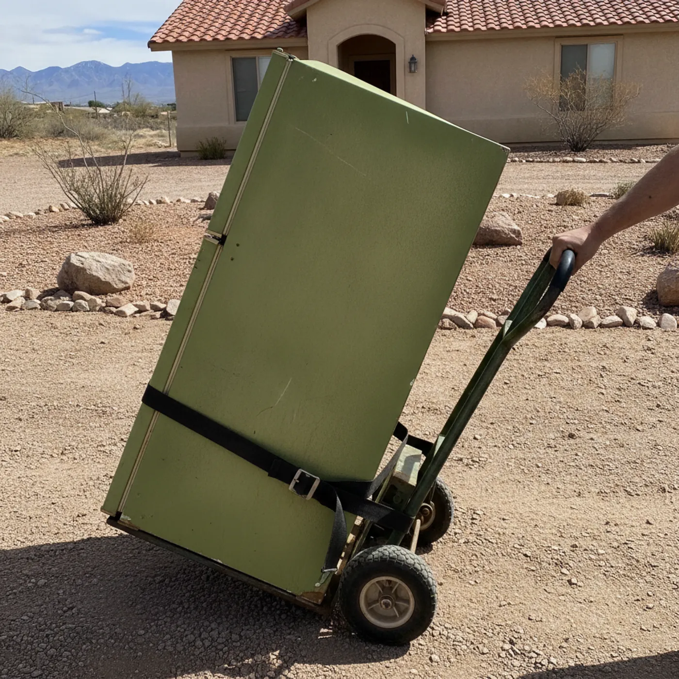 Appliance removal crew carrying a refrigerator out of a Las Cruces home